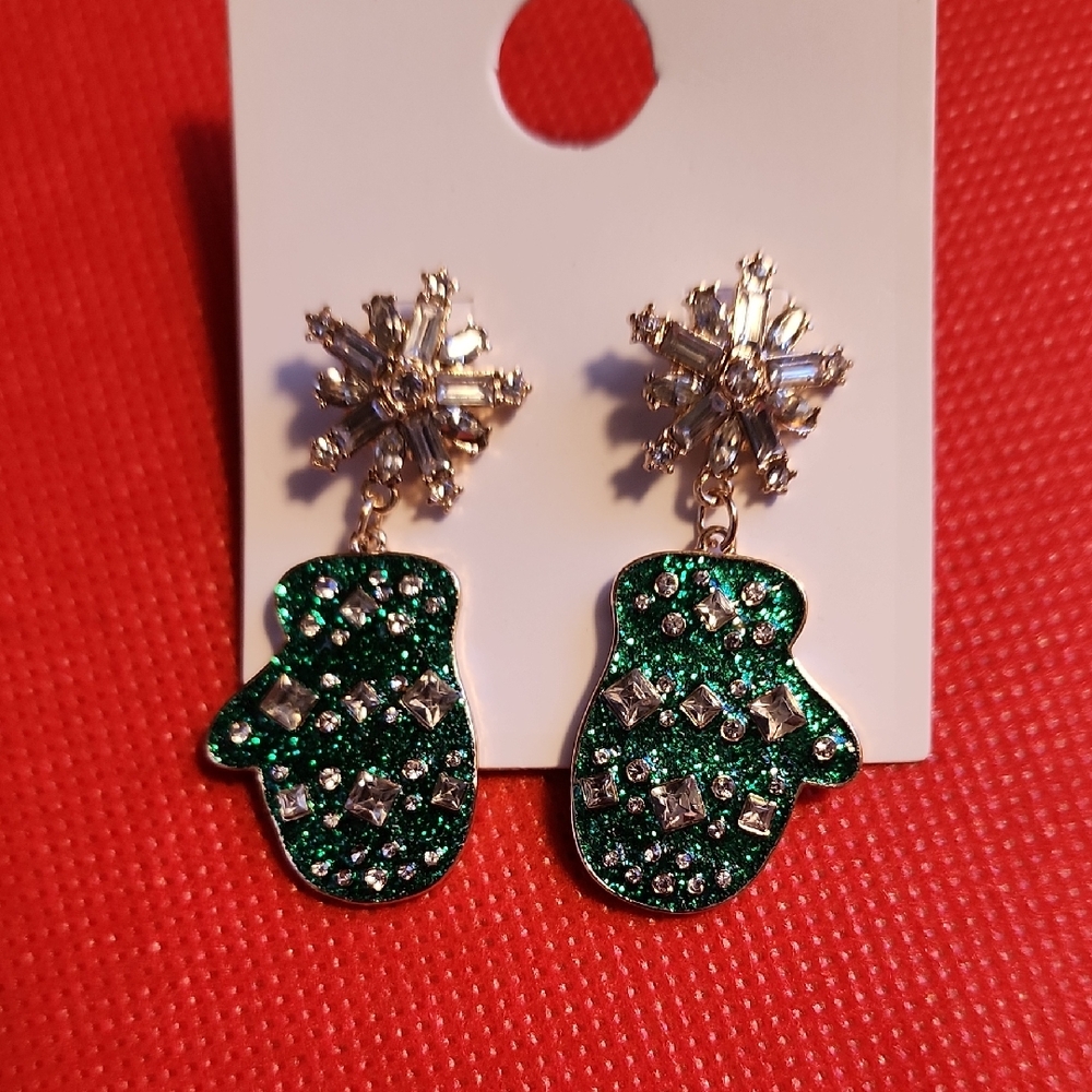 Green and Silver Snowflake Mitten Earrings
